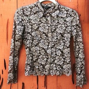 Rockmano Gold Floral Button-Up Semi sheer Lace Top
